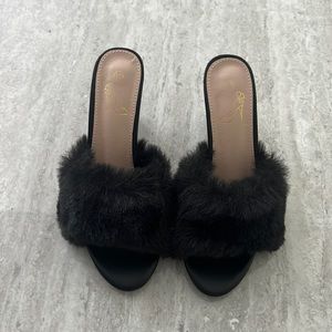 No brand listed black furry slip on heels NWOT